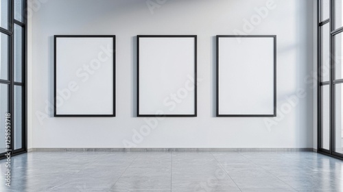 Modern gallery space with empty frames on white wall.