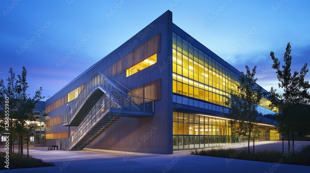 Modern illuminated building exterior at dusk. Modern illuminated building exterior at dusk.