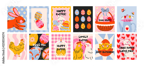 Set of Easter posters in abstract 90s retro style. Wall decor, bright banners of spring elements, rabbits,  chicken, eggs. Minimalist banners for wall decor, prints, wallpaper. Vector groovy 