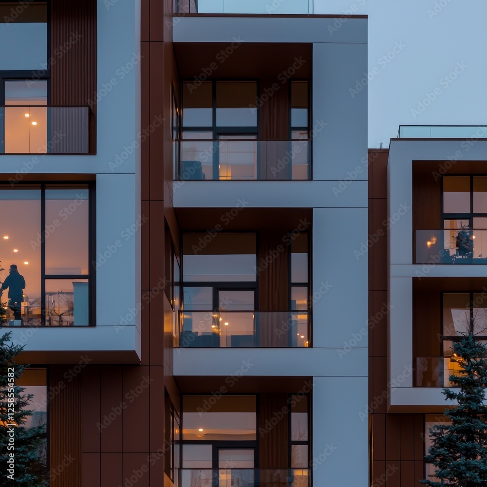 Fototapeta premium Modern Apartment Building Exterior at Dusk