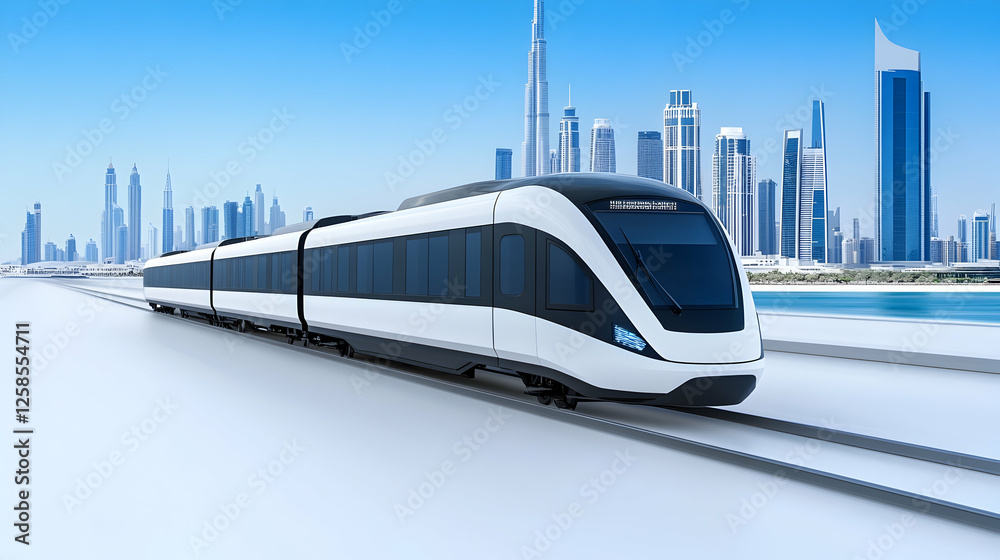 Naklejka premium Modern train traveling in a modern city, background shows skyscrapers along the water. For transport needs