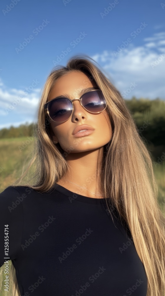 Confident woman in sunglasses poses outdoors on a sunny afternoon with clear blue skies and green landscape Confident woman in sunglasses poses outdoors on a sunny afternoon with clear blue skies and green landscape