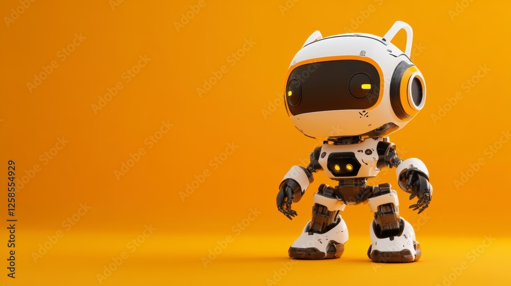 Cute Robot Character with Friendly Expression in Futuristic Design on Bright Orange Background for Playful, Technology, and Innovation Themes Cute Robot Character with Friendly Expression in Futuristic Design on Bright Orange Background for Playful, Technology, and Innovation Themes