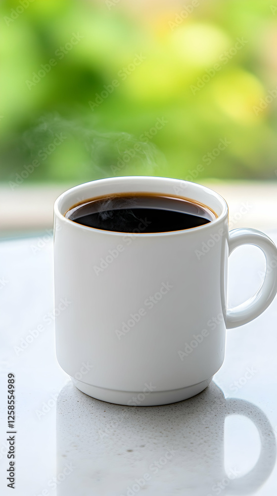Mug of hot coffee steaming on counter, blur of foliage outside. For product image Mug of hot coffee steaming on counter, blur of foliage outside. For product image