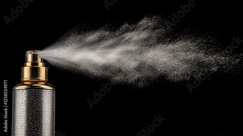 Spray, mist splash from aerosol bottle. Vector realistic illustration of 3d silver and gold atomizer can with jet of water, deodorant, insecticide or hairspray isolated on black background photo