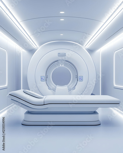 MRI scan machine in a sterile hospital environment with bright lighting for medical imaging