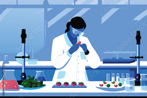 A focused food scientist meticulously analyzes food samples in a modern laboratory setting, using advanced equipment.