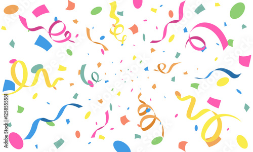 Colorful many ribbon and square small paper falling isolated on white background. Confetti for birthday, party, festival fair, celebration, and congratulation. Vector illustration flat design.