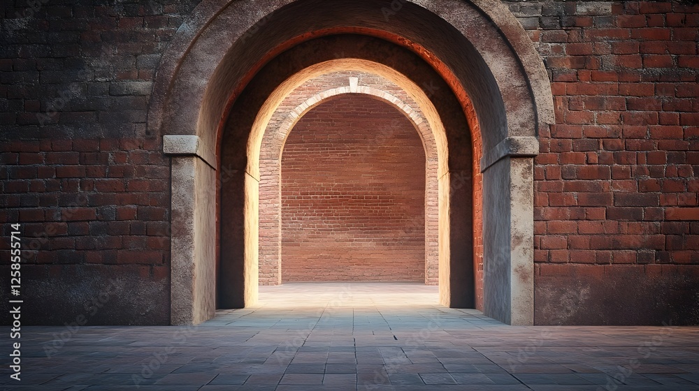 Fototapeta premium Ancient Brick Archway Passage, Mysterious, Historic Stone Entrance, Aged Architecture Background