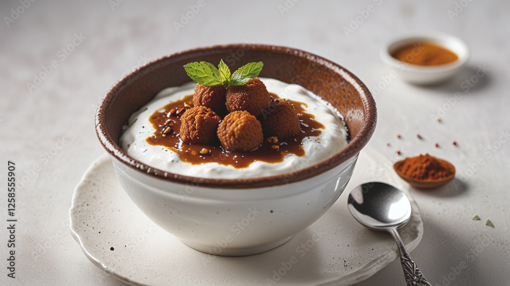 Creamy bowl of Dahi Vada garnished with sweet syrup and mint leaves, showcasing delightful blend of flavors and textures. Perfect for refreshing snack or dessert Creamy bowl of Dahi Vada garnished with sweet syrup and mint leaves, showcasing delightful blend of flavors and textures. Perfect for refreshing snack or dessert