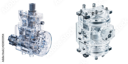 Transparent mechanical components showcasing intricate designs and engineering