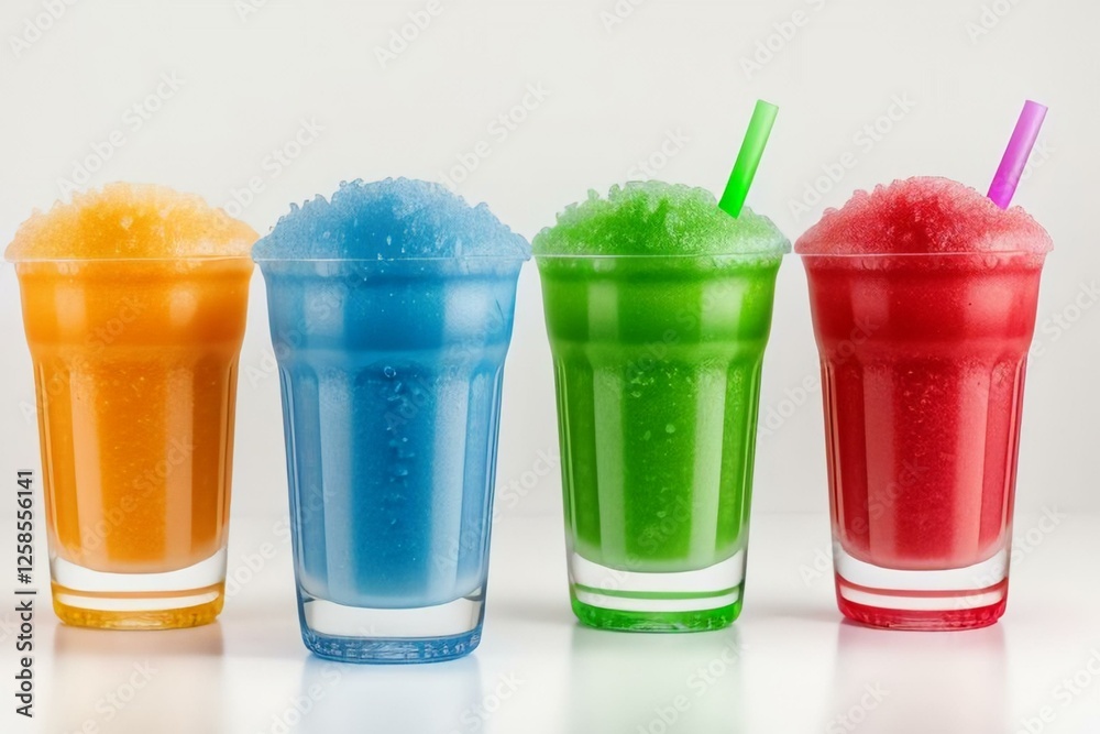 cups with rainbow colored slush ice drinks, row on white background cups with rainbow colored slush ice drinks, row on white background
