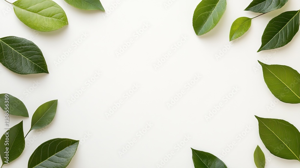 Fresh green leaves lie against a white wooden background, creating a serene and minimalist aesthetic ideal for various uses Fresh green leaves lie against a white wooden background, creating a serene and minimalist aesthetic ideal for various uses