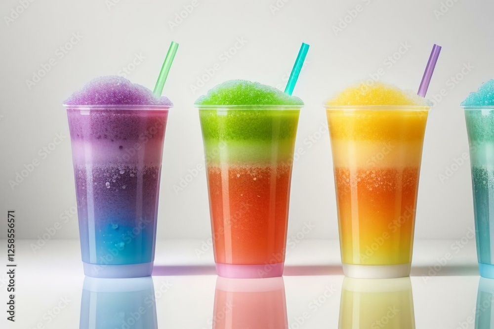 cups with rainbow colored slush ice drinks, row on white background cups with rainbow colored slush ice drinks, row on white background
