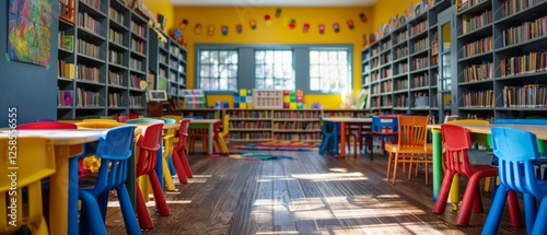 Wallpaper Mural Bright school library full of books and colorful furniture. Education learning knowledge reading books students study classroom Torontodigital.ca