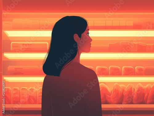 Woman contemplating food choices in a glowing grocery aisle. photo