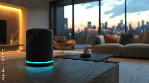 Smart Speaker in Modern Apartment with City View