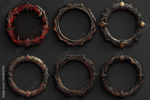 Gothic frame vector set, Neo tribal acid round fantasy border, dark futuristic design element. .