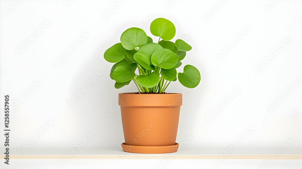 Pilea plant in pot on shelf against a white wall. Green leaves. Home decor Pilea plant in pot on shelf against a white wall. Green leaves. Home decor