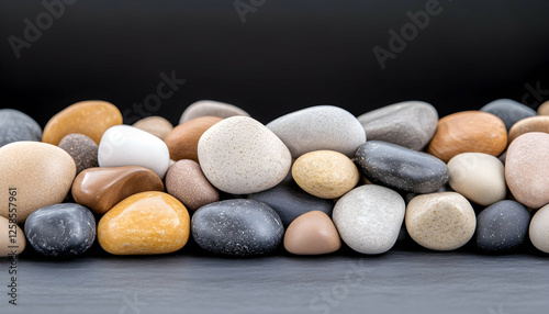 Pile of smooth pebbles showing different colors and textures, on a dark background, for decoration