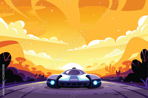 A sleek, futuristic alien racing vehicle speeds along a neon-lit, extraterrestrial race track under a vibrant alien sky.