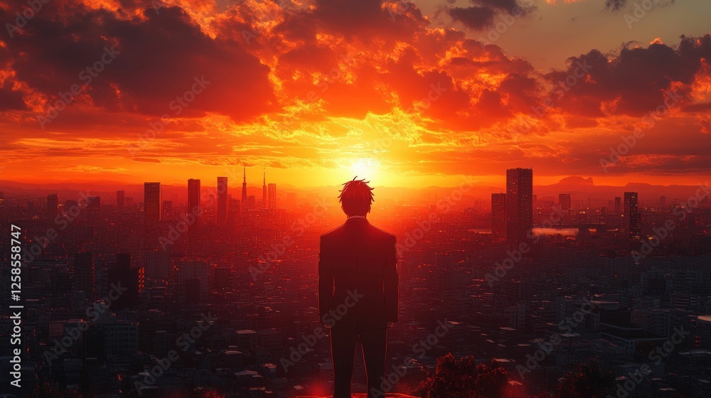 Man silhouetted against fiery sunset cityscape Man silhouetted against fiery sunset cityscape