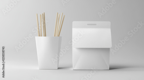 White paper lunch bag package for takeaway chinese food. Take away box pack for noodle or pasta mocku icon. Empty 3d carton square container mock up for candy branding design on transparent background photo