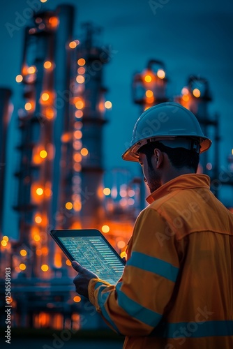 Worker analyzing data on tablet at industrial facility evening digital content urban environment close-up view modern technology