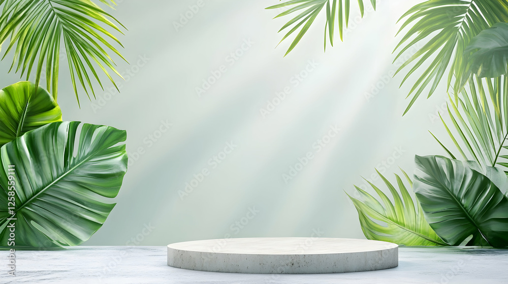Fototapeta premium Podium display with tropical leaves background, showcasing products in sun rays