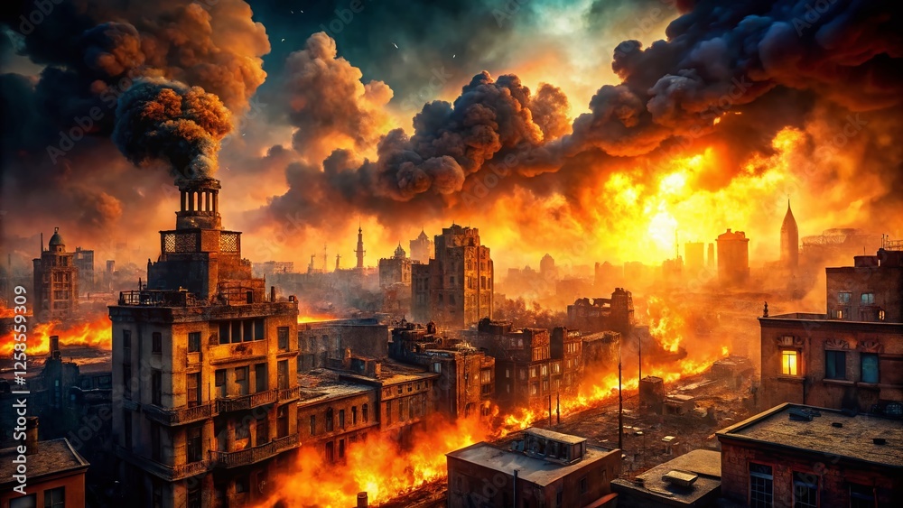Fototapeta premium Burning World: Apocalyptic Cityscape Architectural Ruin Photography