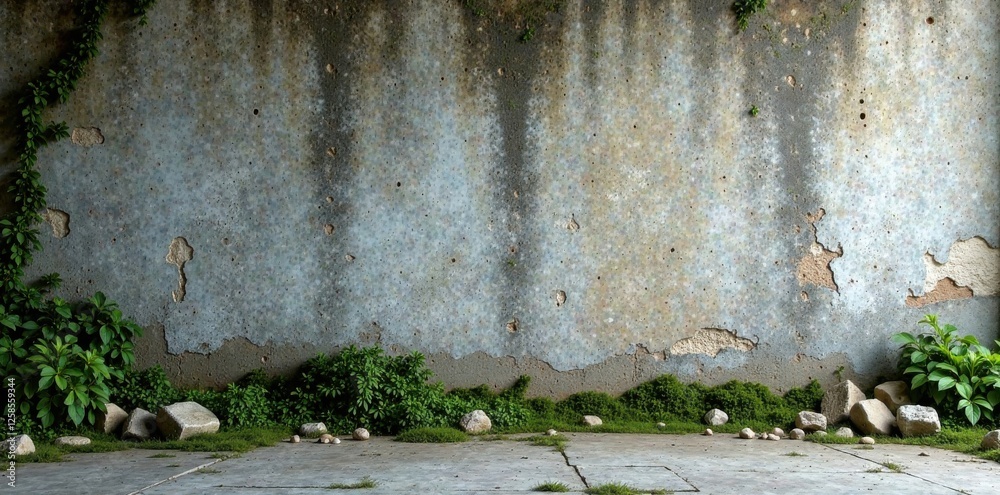 Weathered concrete wall with moss growing, stone fragments scattered, weathered, concrete, rugged Weathered concrete wall with moss growing, stone fragments scattered, weathered, concrete, rugged