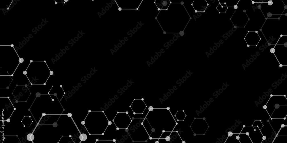 Obraz premium Molecular structure abstract tech background. Geometric black and white Vector banner design with hexagons. Science network pattern, connecting lines and dots Medical background, Vector illustration.