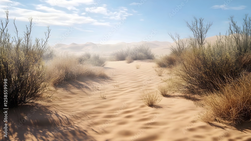 Sandy Desert Path Under a Sunny Sky Sandy Desert Path Under a Sunny Sky