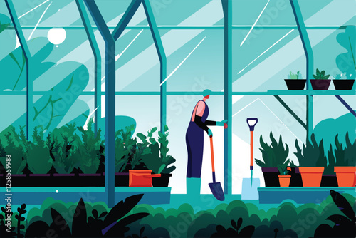 A diligent gardener meticulously tends vibrant flowering plants within a sun-drenched greenhouse, surrounded by lush greenery.