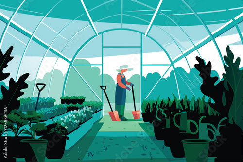 A skilled gardener meticulously tends vibrant plants within a sun-drenched greenhouse, surrounded by lush greenery and blooming flowers.