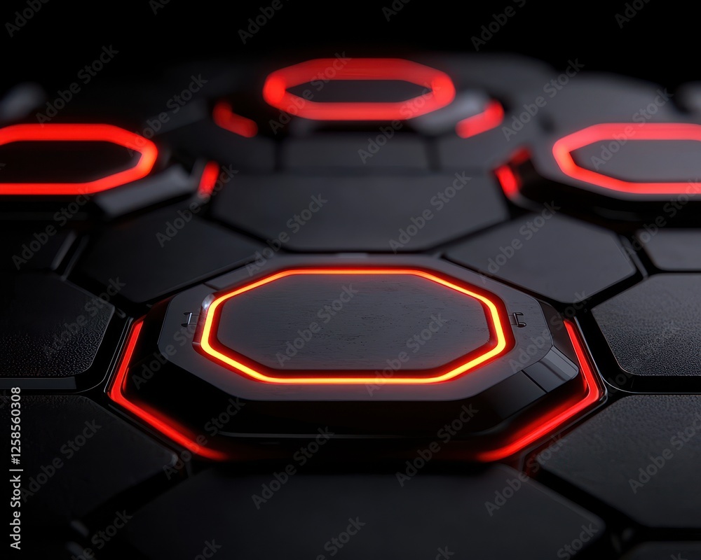 Fototapeta premium Close-up view of a modern, illuminated hexagonal interface with red accents.