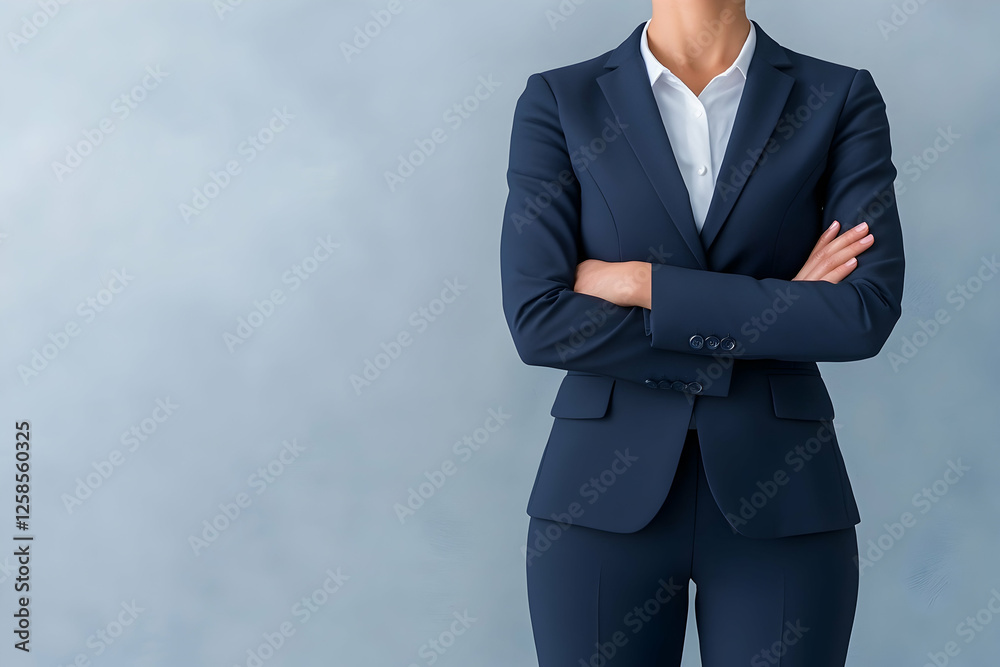 Professional woman with crossed arms in business suit in office setting. Use corporate image Professional woman with crossed arms in business suit in office setting. Use corporate image