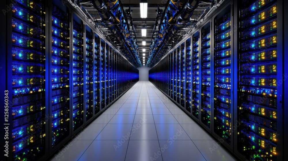 Obraz premium VPN Cloud native style Data center corridor with servers illuminated by blue lights.