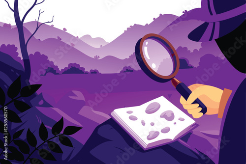 A geologist meticulously examines diverse rock samples in a field, using tools for analysis.  Sunlight illuminates the scene.