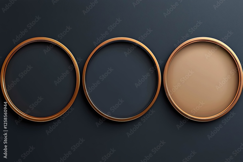 Set of gold, rose gold, black frame design. Abstract 3D circle backdrop for cosmetic product.. Set of gold, rose gold, black frame design. Abstract 3D circle backdrop for cosmetic product..