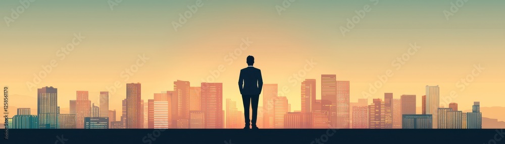 Fototapeta premium Silhouette of a businessman against a city skyline at sunset.