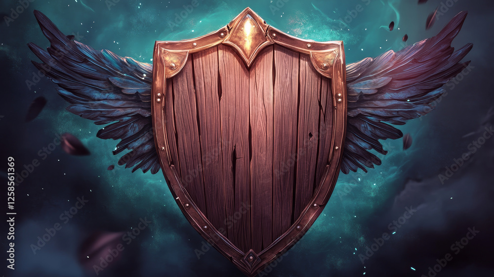 Fototapeta premium Game level ui icons, wooden cracked shields or broken banners with wings and magic haze. Isolated award frames or bonus graphic elements, reward, trophy achievement rpg 2d design, Cartoon vector set