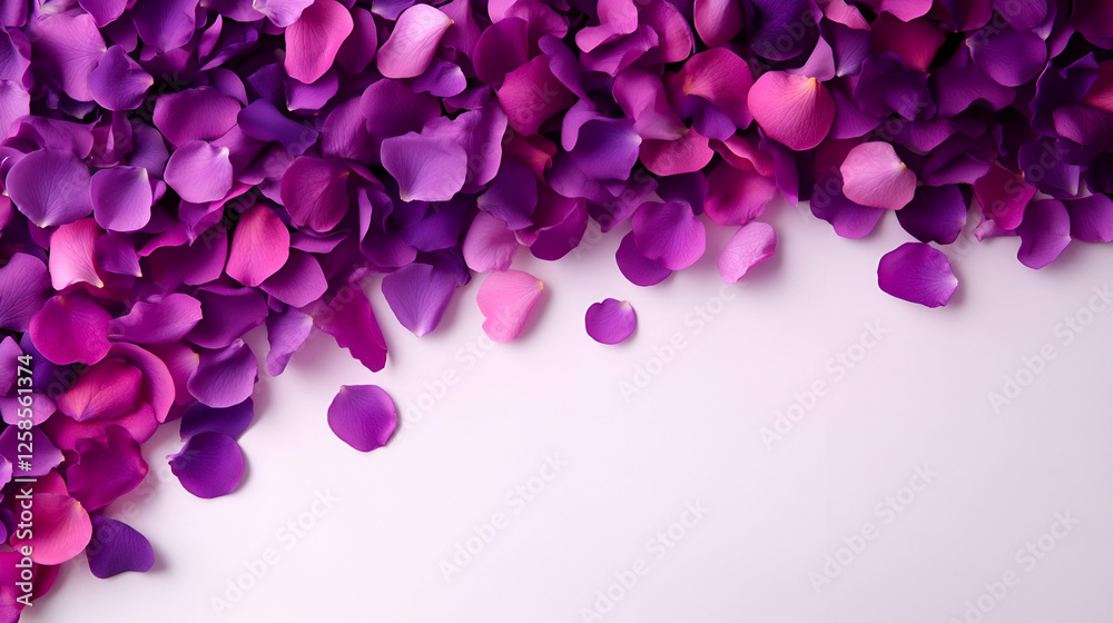 Fototapeta premium A beautiful arrangement of purple and pink flower petals scattered elegantly on a white background.