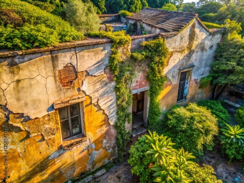 Weathered Stucco Wall Garden Backdrop - Drone Aerial View of Cracked Texture