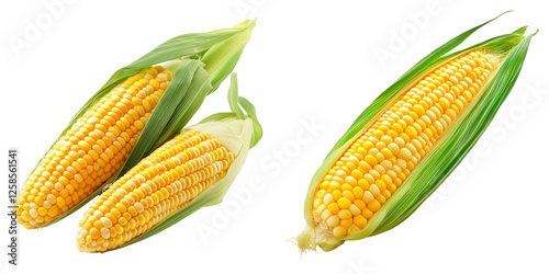 Fresh sweet corn on cob with vibrant yellow kernels and green husks