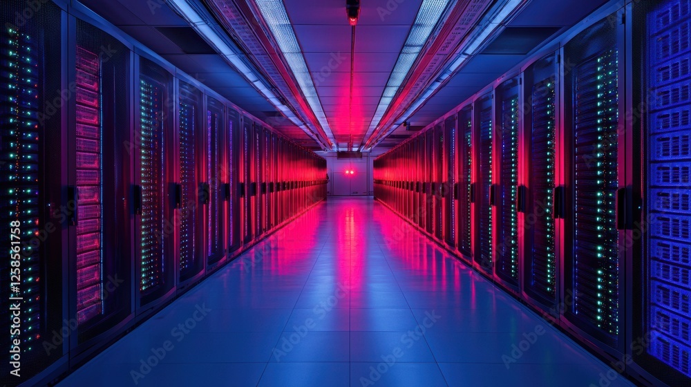 Fototapeta premium VPN Cloud native style Futuristic server room illuminated in blue and red lights.