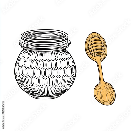 Honey Jar and Spoon, Vintage Illustration photo