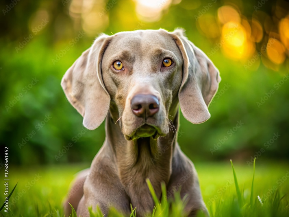 Fototapeta premium Weimaraner Dog Portrait: Elegant Grey Hunter Resting on Lush Green Grass