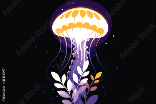 Ethereal glowing alien creature, bioluminescent, hybrid form, jellyfish-insect-plant fusion, vibrant colors, dark background, intricate details, fantasy art.