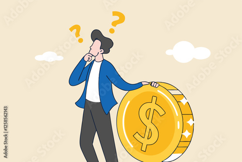 Money question, where to invest, pay off debt or invest to earn profit, financial choice or alternative to make decision concept, businessman investor holding money coin thinking about investment.